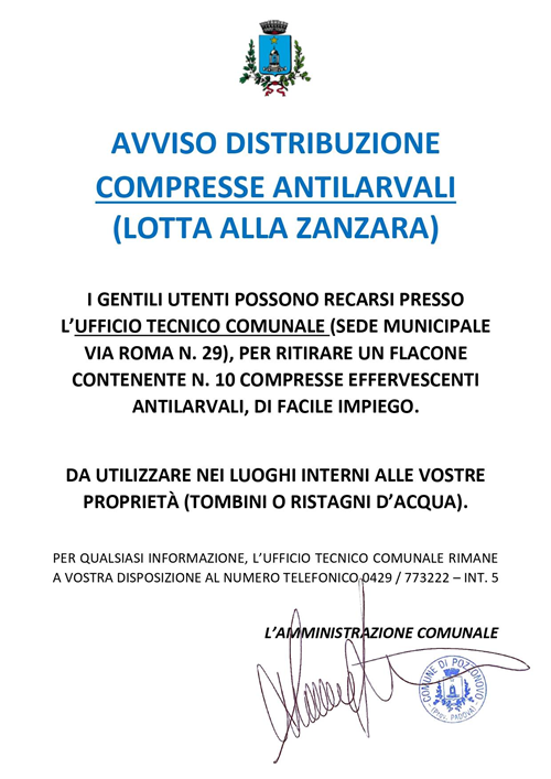 Avviso consegna compresse antilarvali.